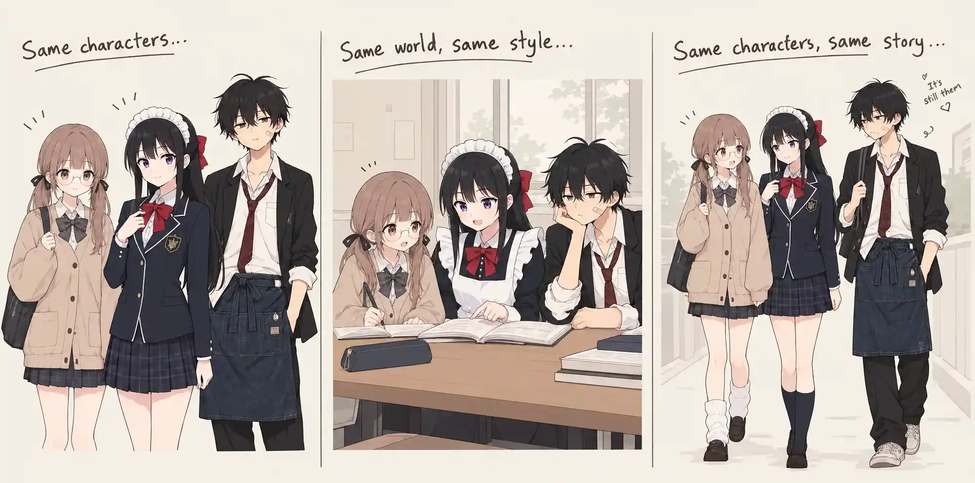 Visual continuity preserves a consistent appearance across illustrated scenes.